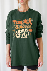 UL240P-E3164 Pumpkin Spice & Jesus Graphic Plus Long Sleeve Tee $17