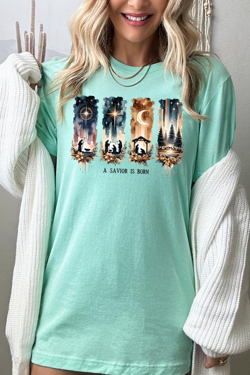 US3001P-E3204 Savior Is Born Nativity Graphic Plus Tee $16