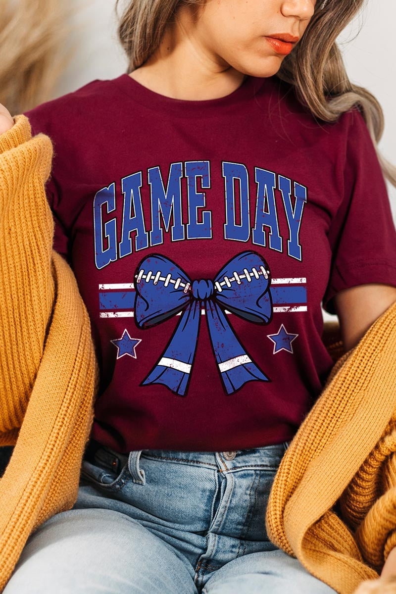US3001-E3065 Blue Game Day Football Bow Graphic Tee $12.5