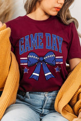 US3001-E3065 Blue Game Day Football Bow Graphic Tee $12.5