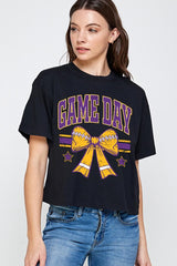 CTS-E3063 Purple Game Day Football Bow Graphic Crop Top $11