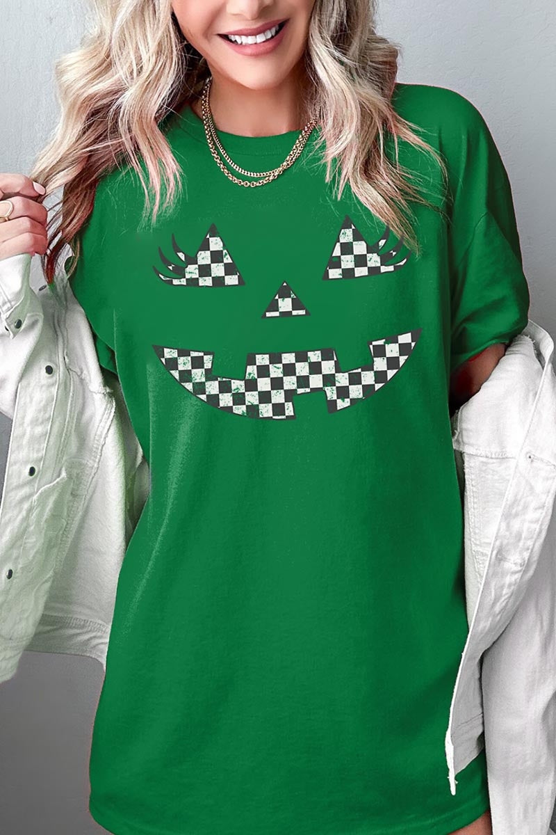 5000-E3149 Checker Pumpkin Face Graphic Heavy Cotton Tee $9