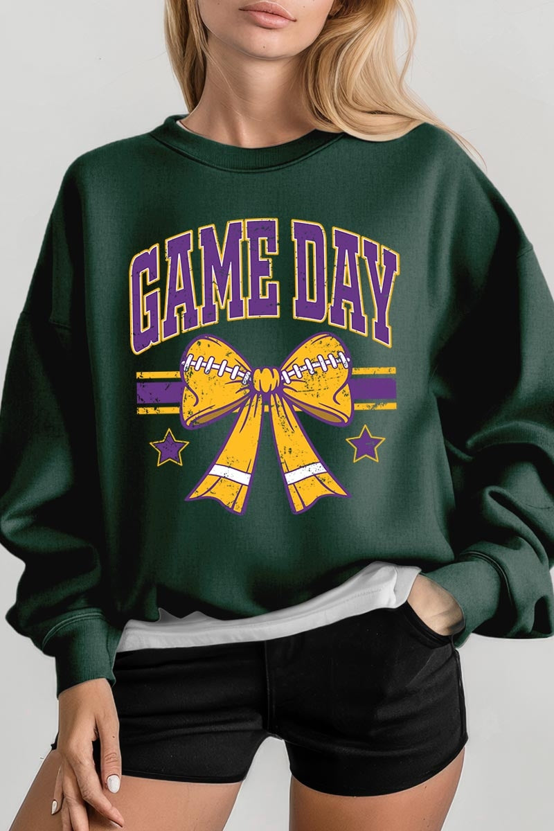 UL180P-E3063 Purple Game Day Football Bow Plus Sweatshirt $25