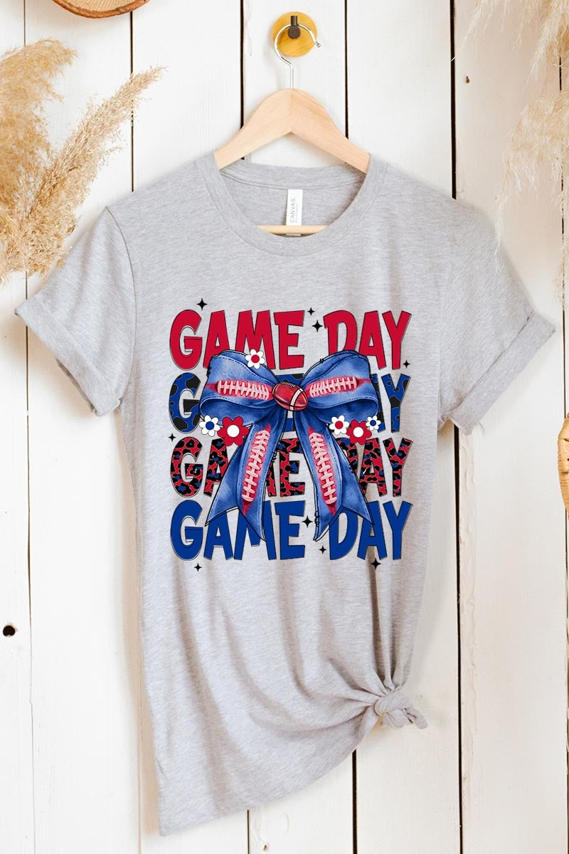 US3001P-E3087 Red Blue Football Game Day Bow Graphic Plus Tee $16
