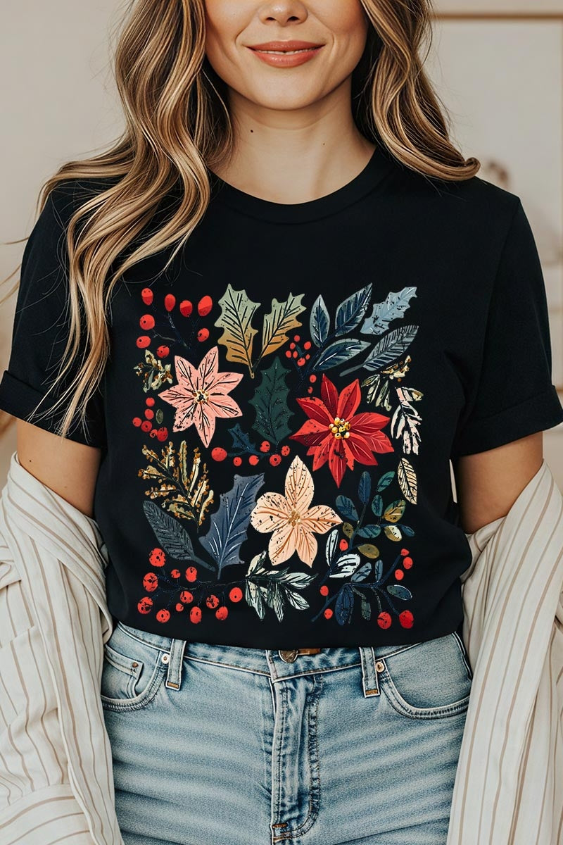 US3001-E3186 Floral Christmas Graphic Tee $12.5