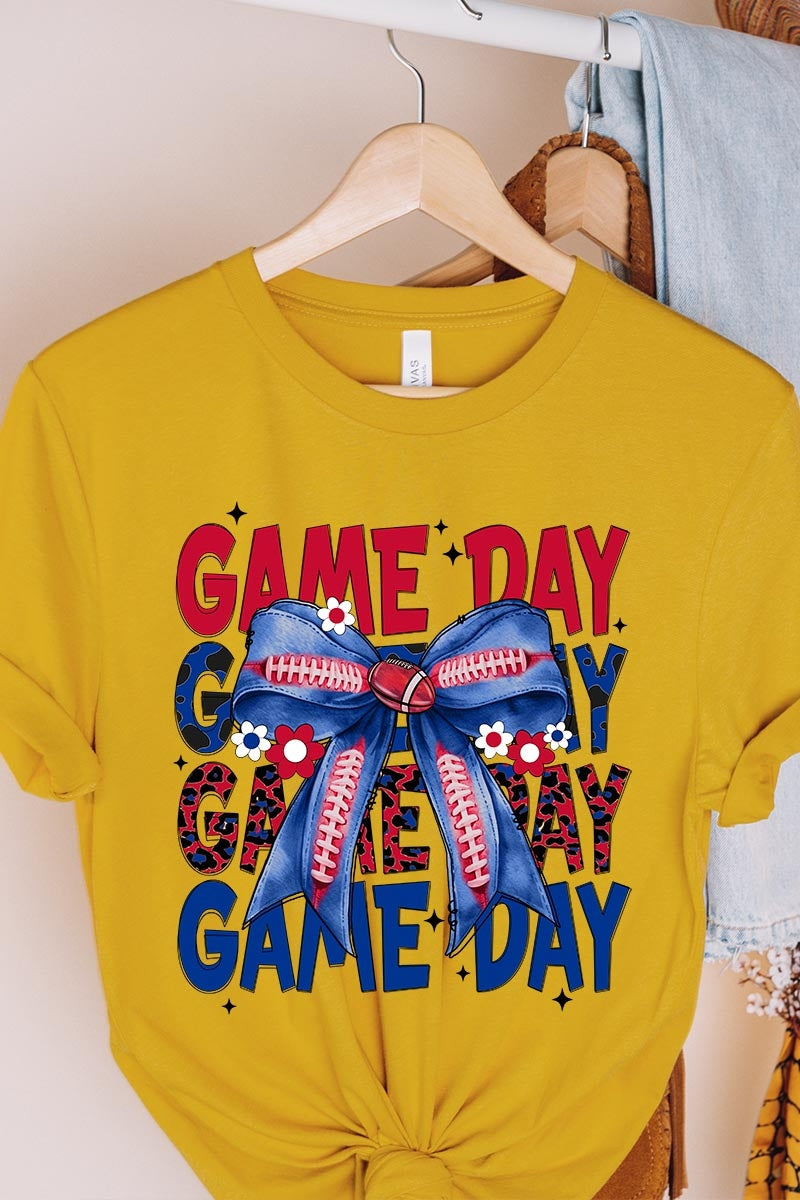 US3001-E3087 Red Blue Football Game Day Bow Graphic Tee $12.5