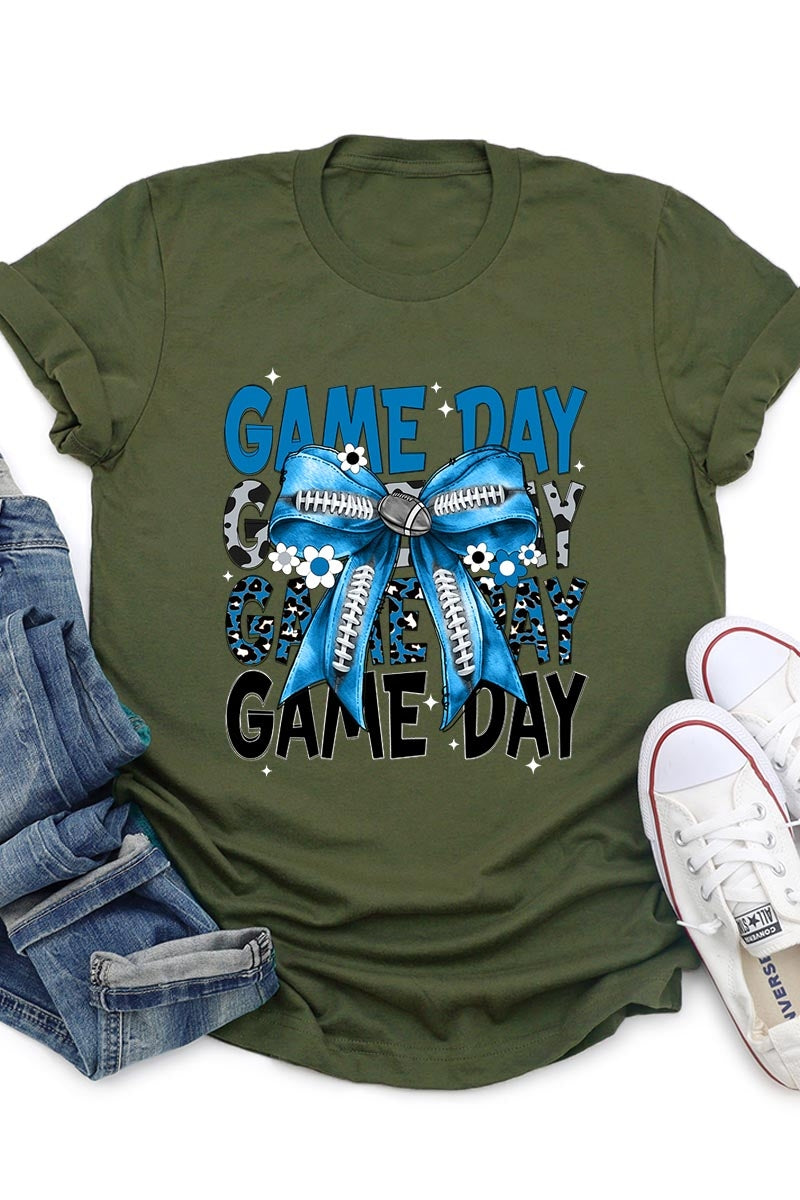 US3001-E3089 Blue Silver Football Game Day Bow Graphic Tee $12.5