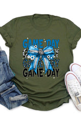 US3001-E3089 Blue Silver Football Game Day Bow Graphic Tee $12.5