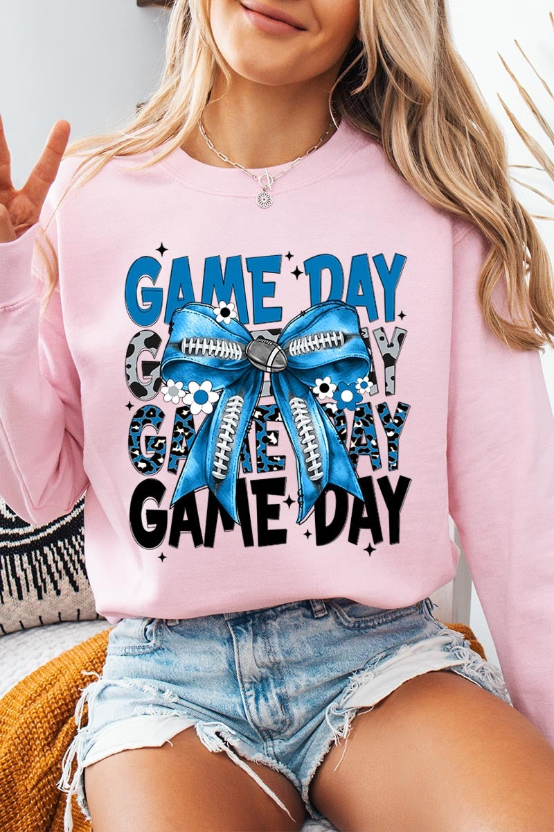 UL180P-E3089 Blue Silver Football Game Day Bow Plus Sweatshirt $25