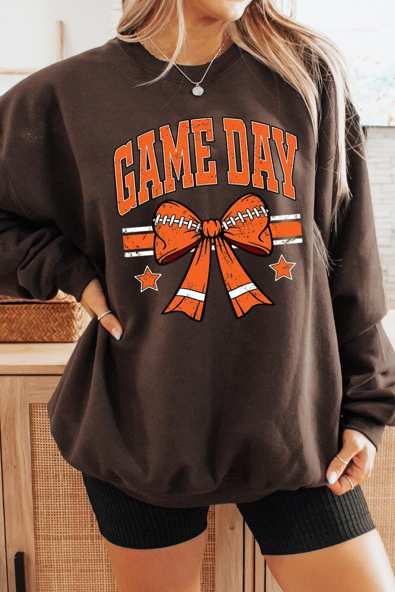 UL180P-E3064 Orange Game Day Football Bow Plus Sweatshirt $25