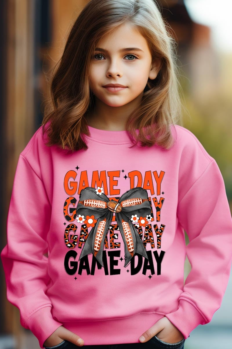 UL180B-E3088Z Orange Black Football Game Day Bow Kids Sweatshirt $20
