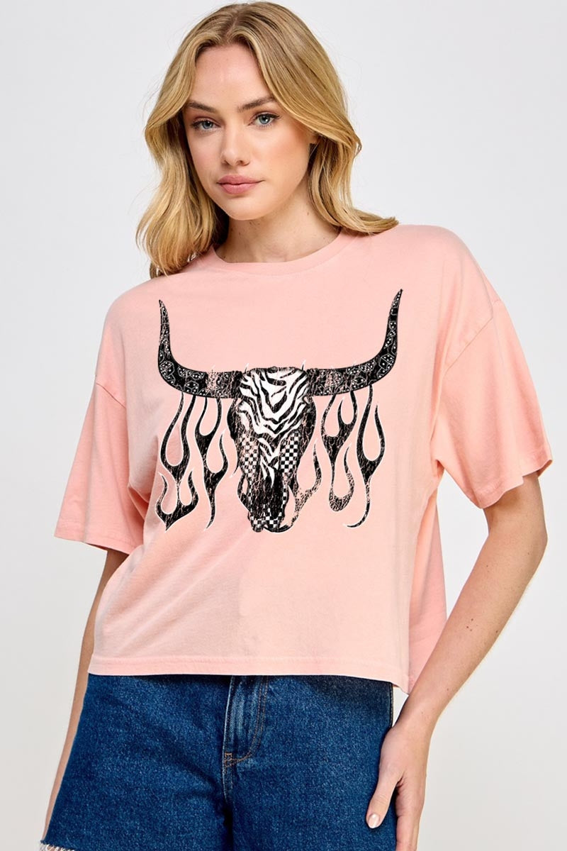 CTS-E3176 Western Bullskull Graphic Relaxed Crop Top $11