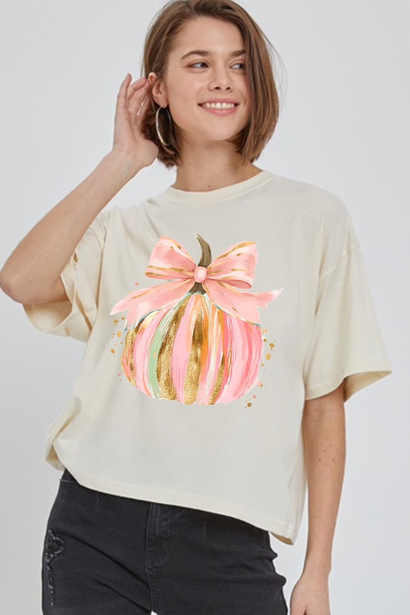 CTS-E3083 Brushstroke Pumpkin Graphic Relaxed Crop Top $11