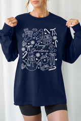 UL240-E3181 Christmas Doodle Graphic Long Sleeve Tee $13.75