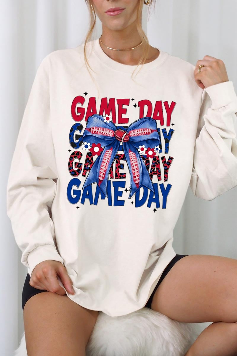 UL240P-E3087 Red Blue Football GameDay Bow Plus Long Sleeve Tee $17