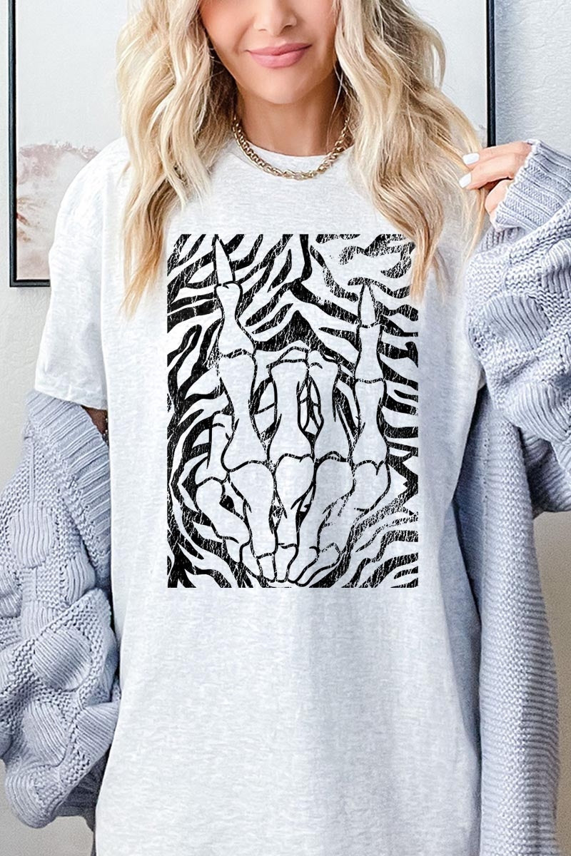 5000P-E3177 Skeleton Hands Zebra Graphic Plus Heavy Cotton Tee $12.75