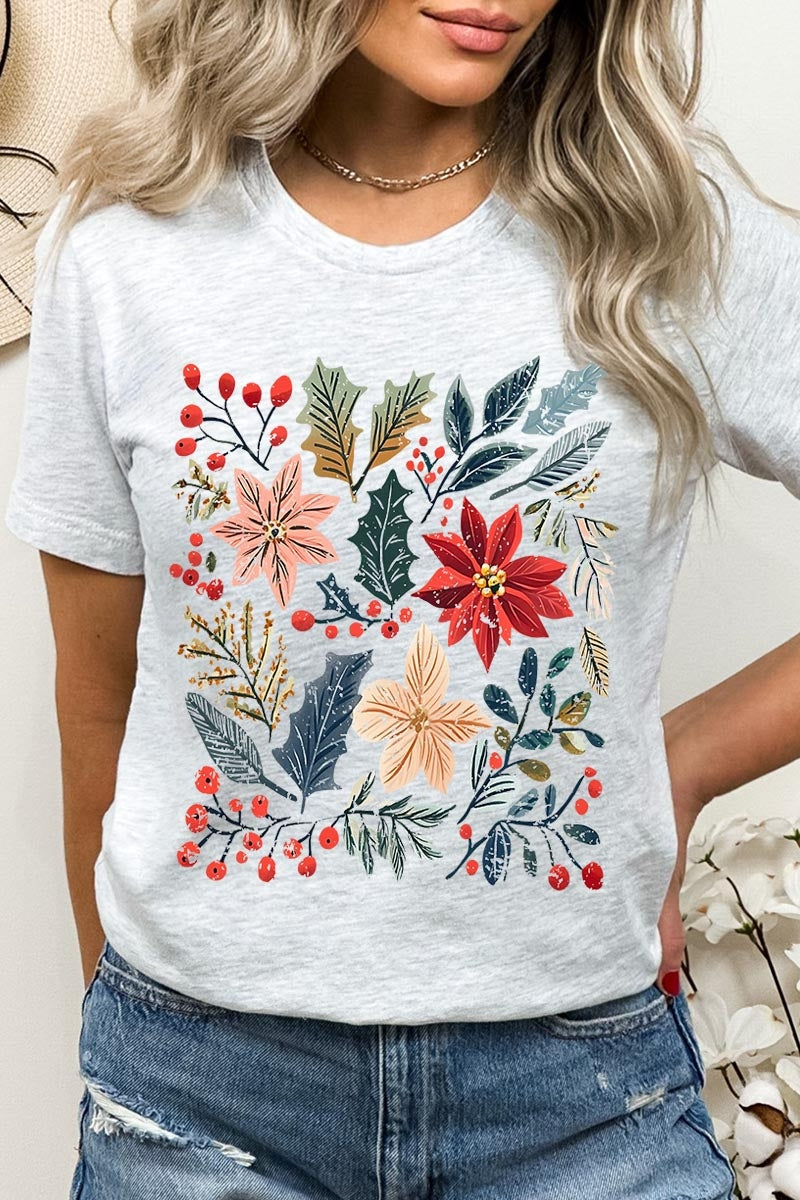 US3001-E3186 Floral Christmas Graphic Tee $12.5
