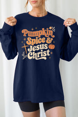 UL240-E3164 Pumpkin Spice & Jesus Graphic Long Sleeve Tee $13.75