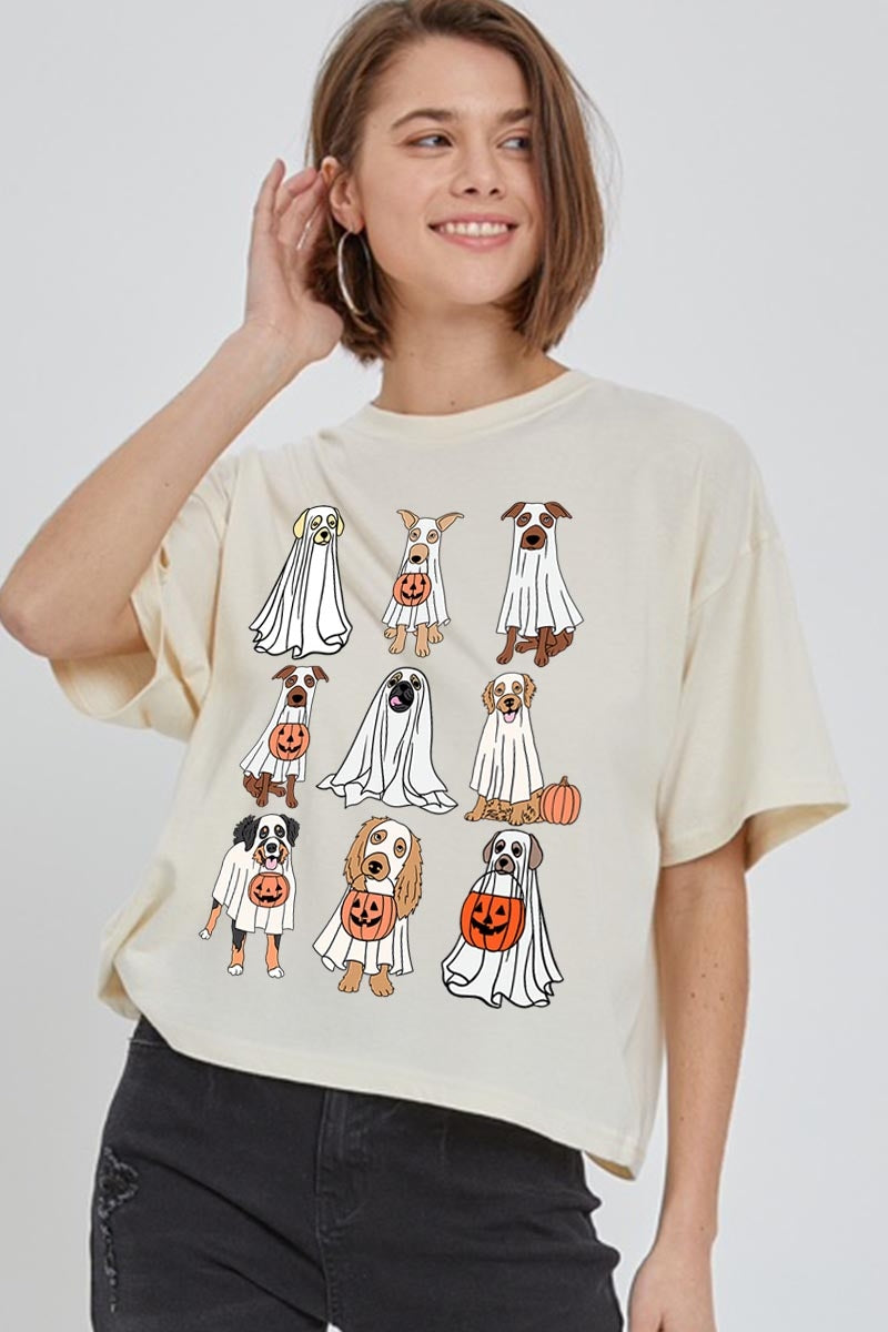 CTS-E3106 Halloween Ghost Dog Graphic Relaxed Crop Top $11