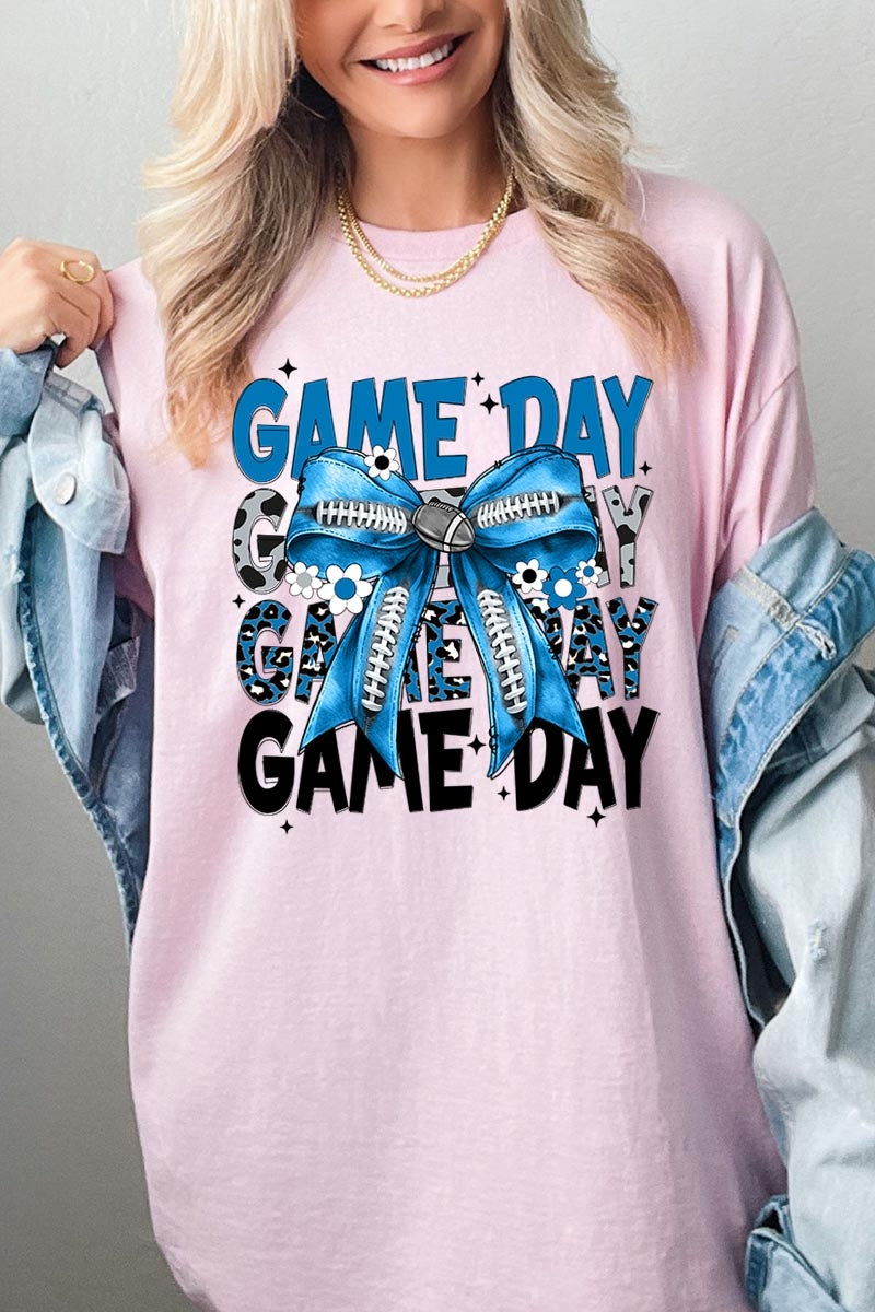 5000-E3089 Blue Silver Football Game Day Bow Heavy Cotton Tee $9