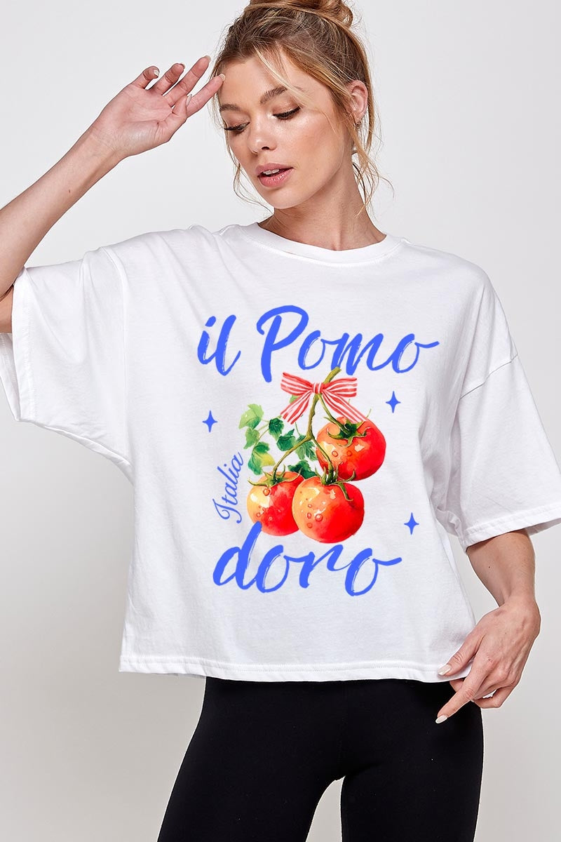 CTS-E3070 Il Pomodoro Tomato Art Graphic Relaxed Crop Top $11