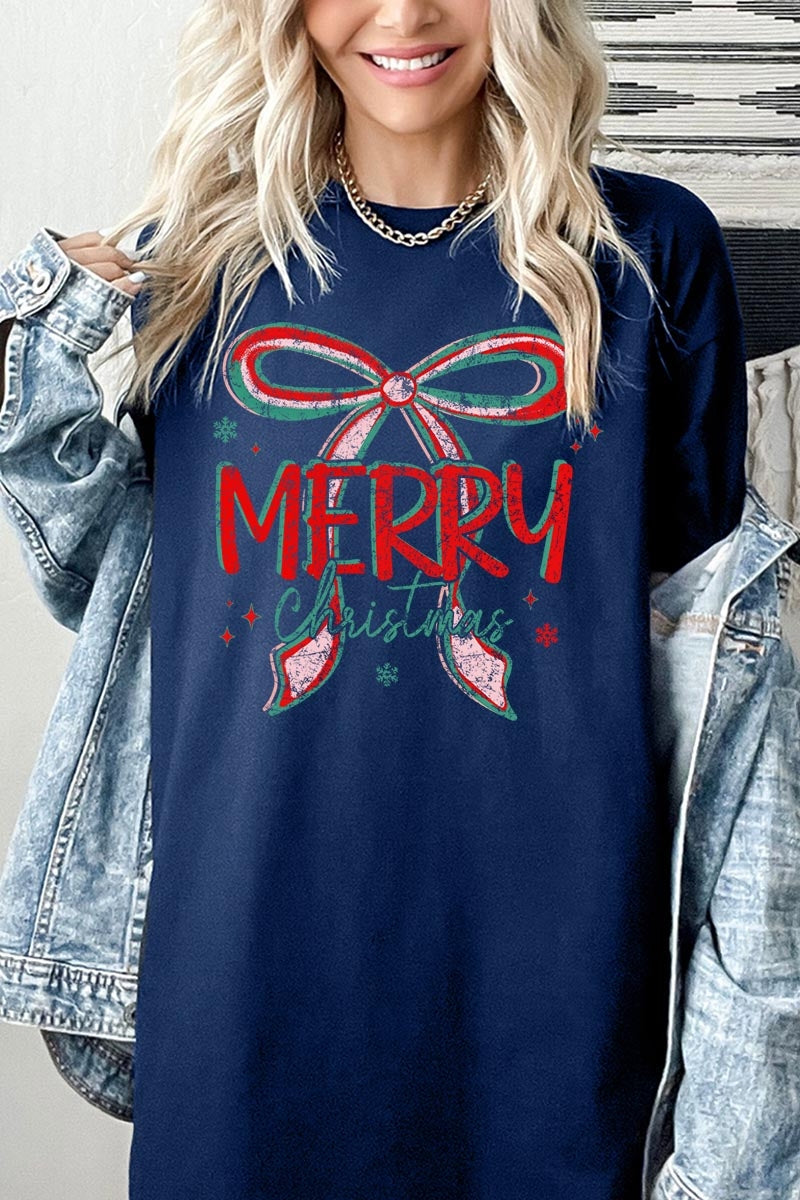 5000-E3197 Merry Christmas Bow Graphic Heavy Cotton Tee $9
