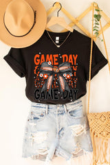 US3001P-E3088 Orange Black Football Game Day Bow Plus Tee $16