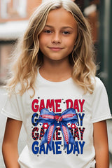 US3001Y-E3087Z Red Blue Football Game Day Bow Kids Graphic Tee $11