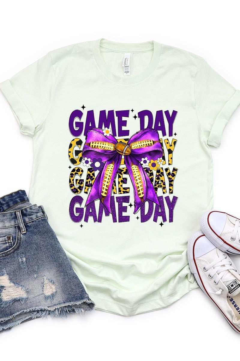 US3001P-E3092 Purple Yellow Football Game Day Bow Plus Tee $16