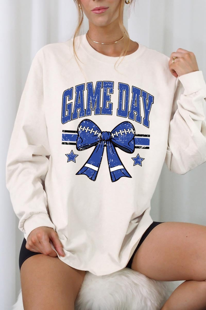 UL240-E3065 Blue Game Day Football Bow Graphic Long Sleeve Tee $13.75