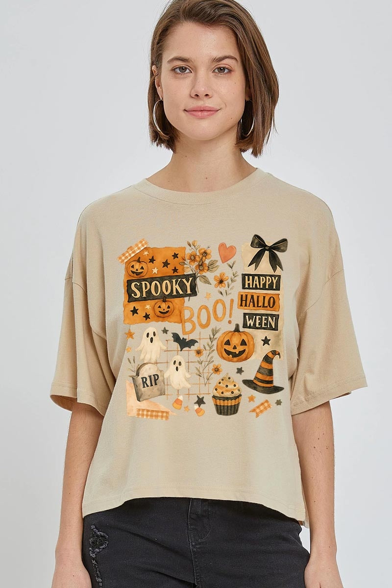CTS-E3084 Halloween collage Graphic Relaxed Crop Top $11