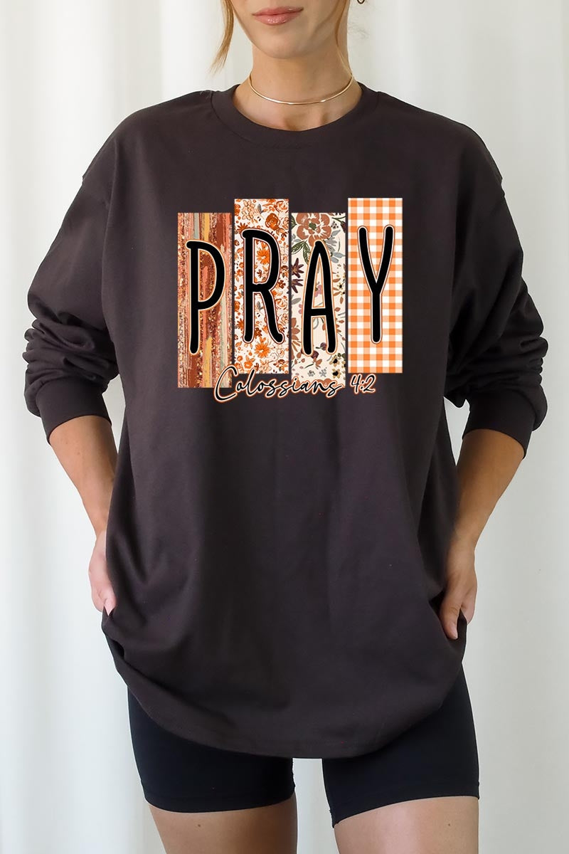 UL240P-E3166 Pray Fall Christian Graphic Plus Long Sleeve Tee $17