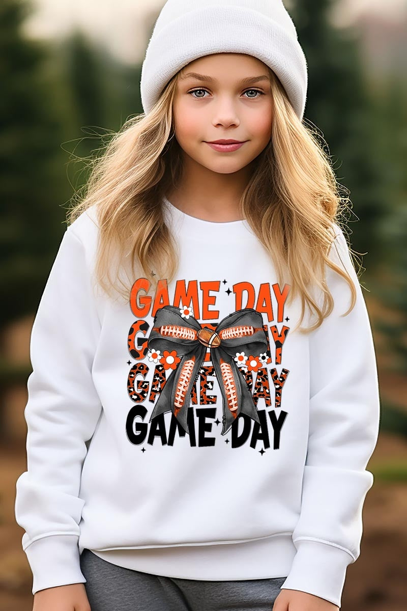 UL180B-E3088Z Orange Black Football Game Day Bow Kids Sweatshirt $20