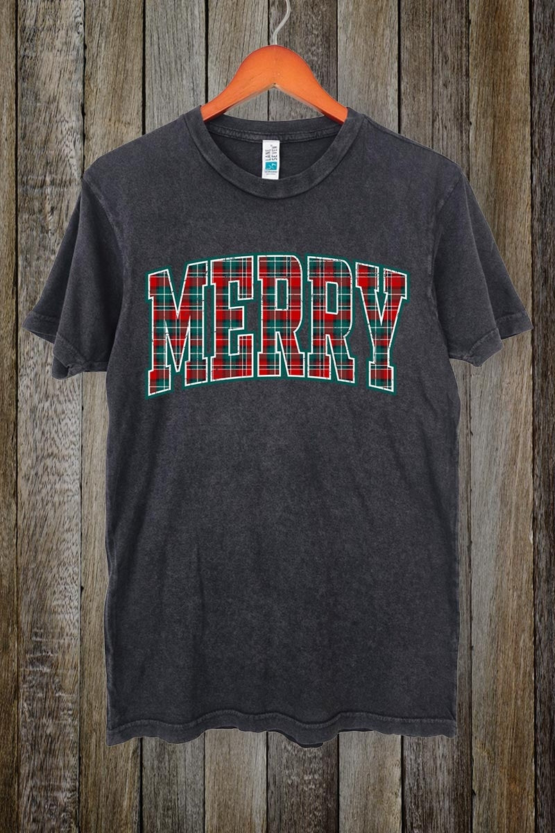 LS002-E3210 Classic Plaid Merry Graphic Vintage Tee $15.5