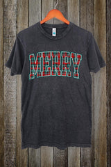 LS002-E3210 Classic Plaid Merry Graphic Vintage Tee $15.5