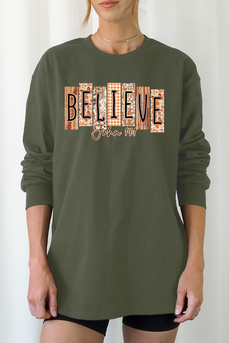 UL240-E3167 Believe Fall Christian Graphic Long Sleeve Tee $13.75