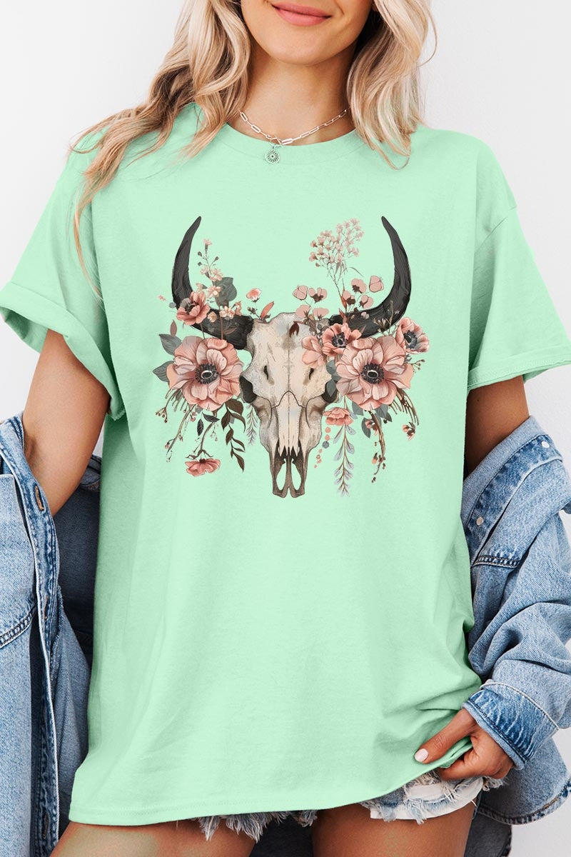 5000-E3113 Western Skull Floral Graphic Heavy Cotton Tee $9