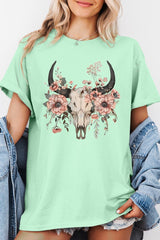 5000-E3113 Western Skull Floral Graphic Heavy Cotton Tee $9
