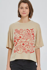 CTS-E3181 Christmas Doodle Graphic Relaxed Crop Top $11