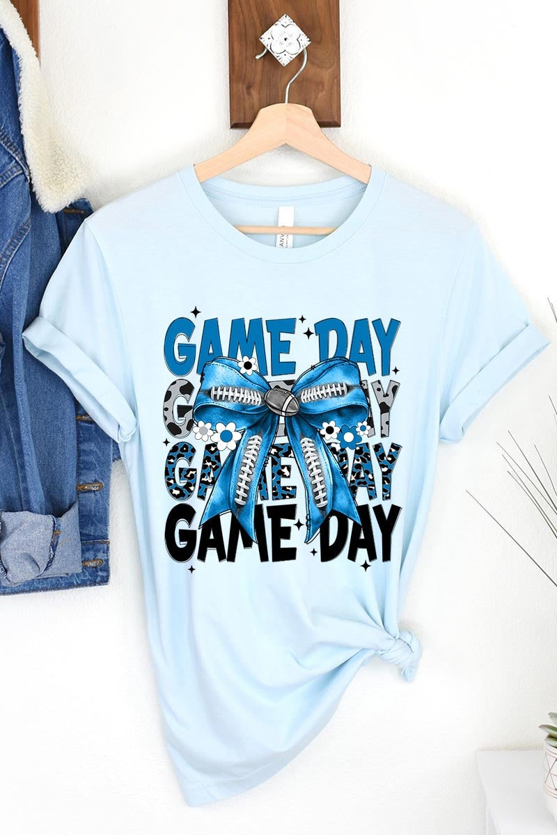 US3001P-E3089 Blue Silver Football Game Day Bow Graphic Plus Tee $16