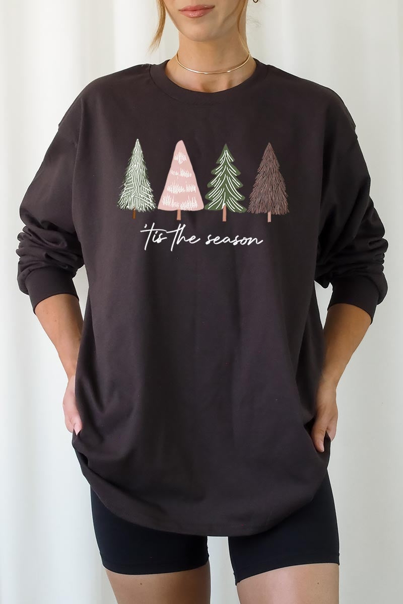 UL240-E3218 Rustic Christmas Trees Graphic Long Sleeve Tee $13.75