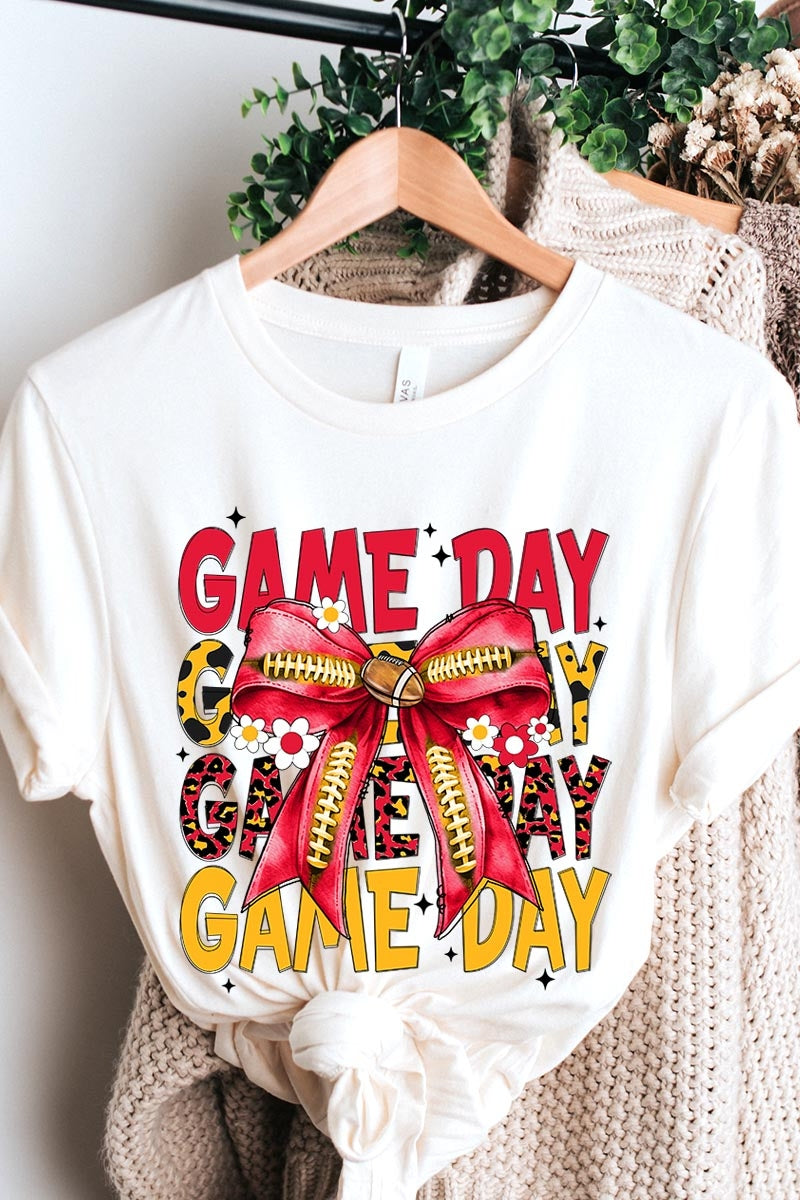 US3001-E3091 Red Yellow Football Game Day Bow Graphic Tee $12.5