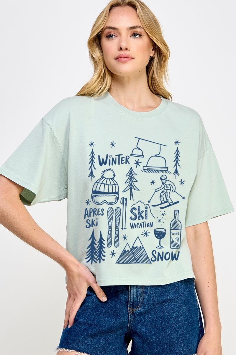 CTS-E3188 Ski Doodle Graphic Relaxed Crop Top $11
