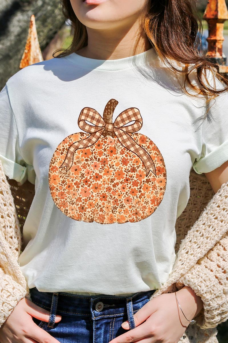 US3001-E3135 Floral Fall Pumpkin Graphic Tee $12.5