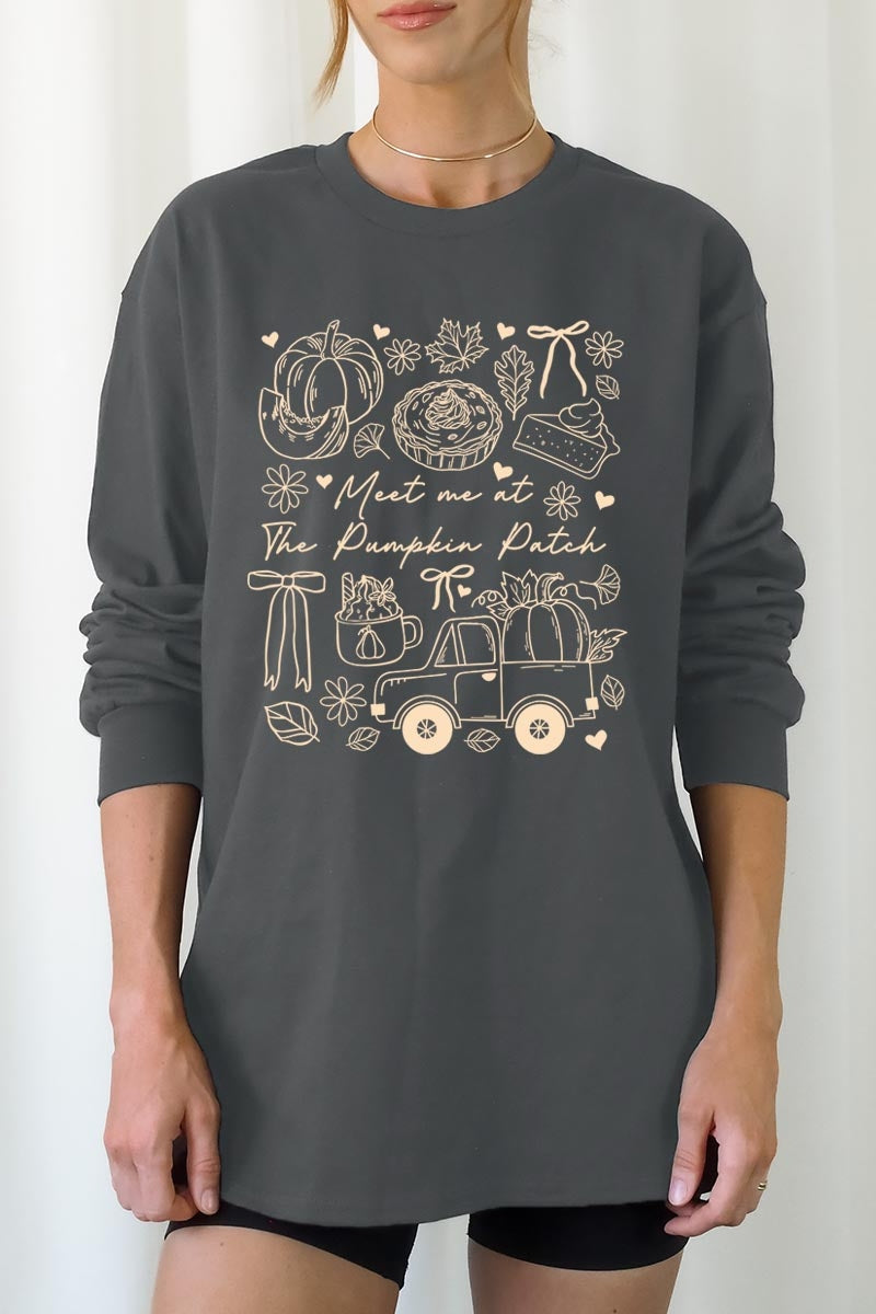 UL240P-E3163 Pumpkin Patch Doodle Graphic Plus Long Sleeve Tee $17