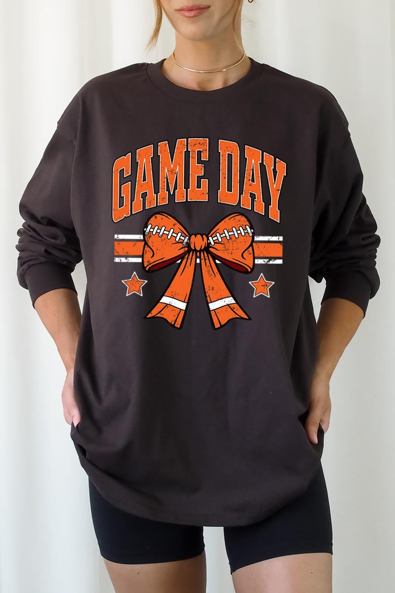 UL240-E3064 Orange Game Day Football Bow Long Sleeve Tee $13.75