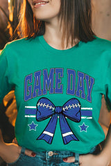 US3001-E3065 Blue Game Day Football Bow Graphic Tee $12.5