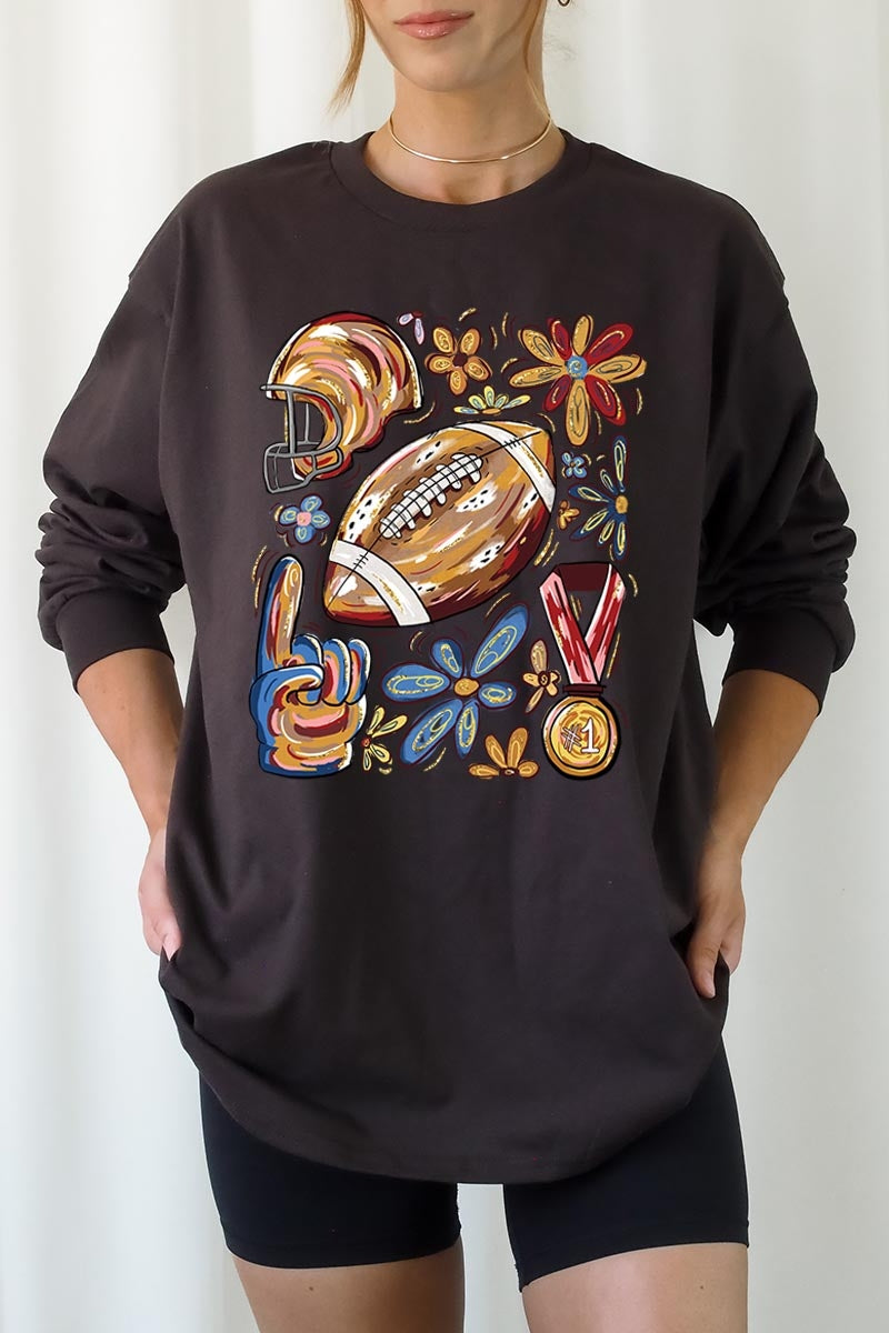 UL240P-E3072 Retro Floral Football Graphic Plus Long Sleeve Tee $17
