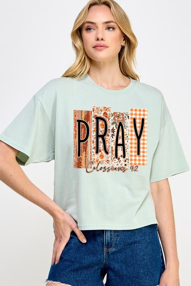CTS-E3166 Pray Fall Christian Graphic Relaxed Crop Top $11