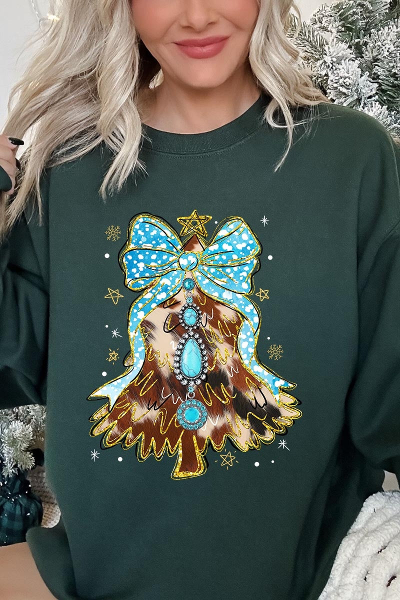 UL180P-E3184 Turquoise Christmas Tree Graphic Plus Sweatshirt $25